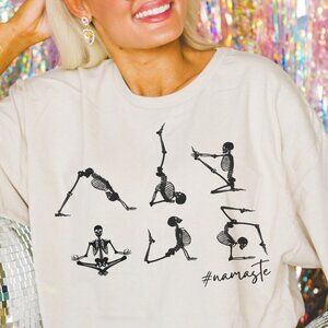 Halloween Namaste Yoga Skeletons on Sand T Shirt